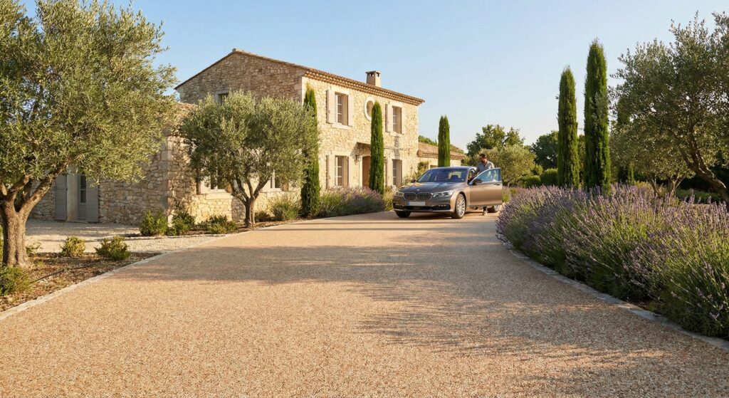 Allée carrossable en granulat de marbre beige très résistante devant une villa avec un véhicule stationné