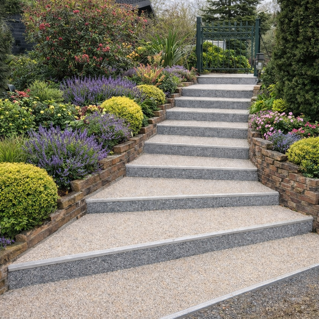 Escalier paysager bicolore en granulat de marbre intégré dans un jardin fleuri avec murets en brique