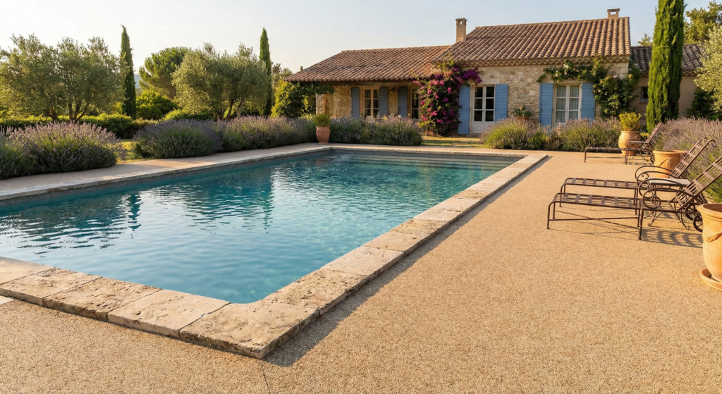 Plage de piscine en moquette de pierre beige avec transats, devant une villa de style provençal entourée de lavande